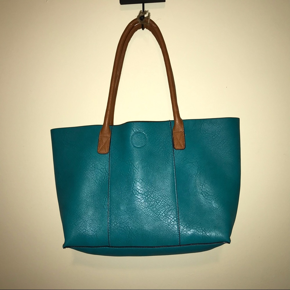 Teal tote with makeup bag and tiny card bag